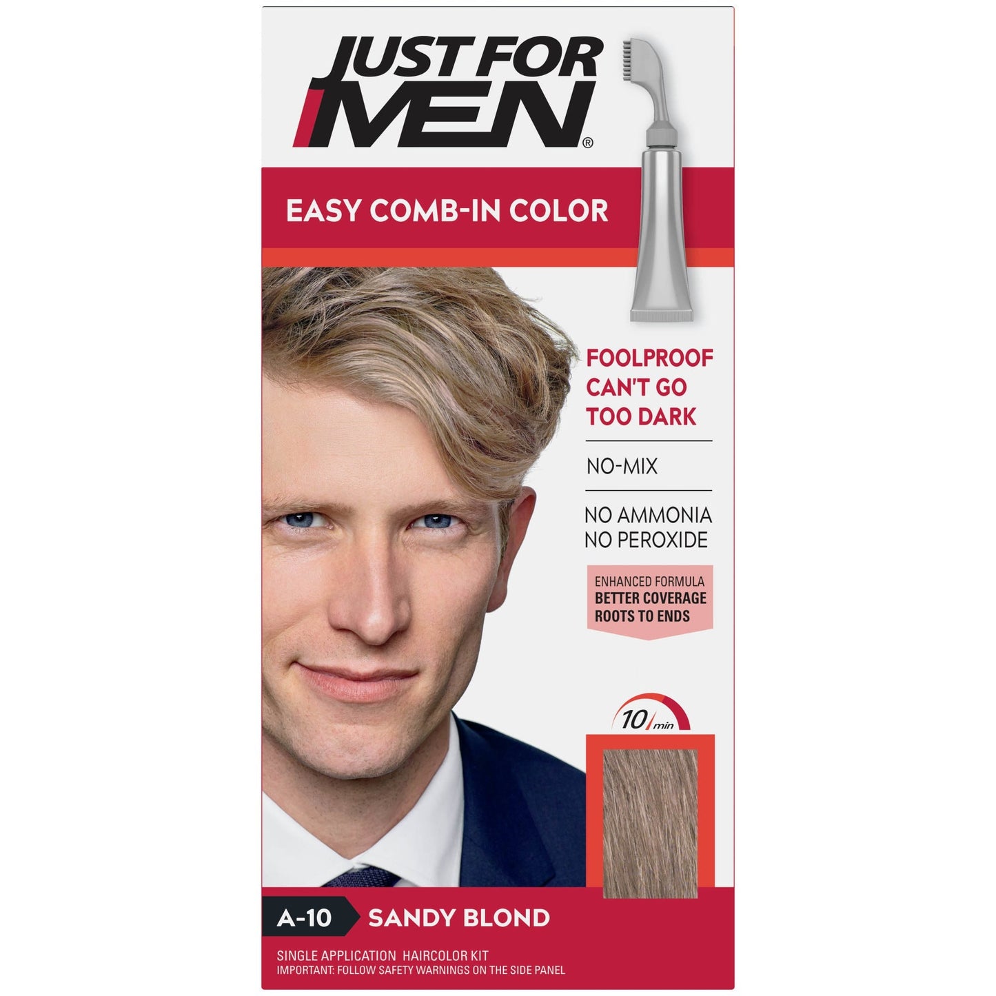 Just For Men Autostop Foolproof Sandy Blonde Hair Color in a tube, designed for natural-looking hair coloring.