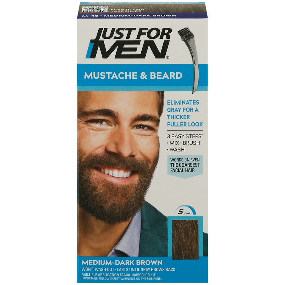 Just For Men Brush-In Color Gel for mustache, beard, and sideburns in medium-dark brown, shown in the Pasteur Pharmacy kit.