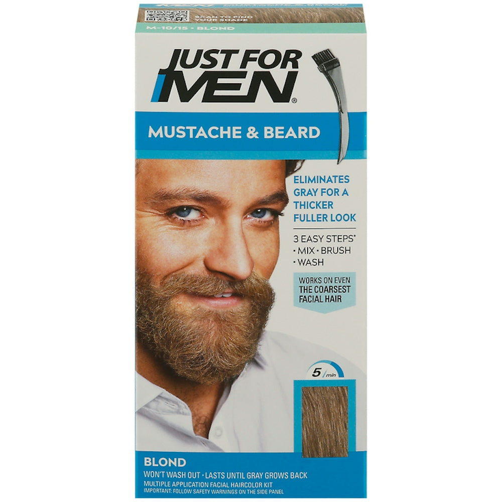 Just For Men Mustache and Beard Brush-In Color Gel in Blond M-10/15, hair color product for men, showing the gel tube and application brush.