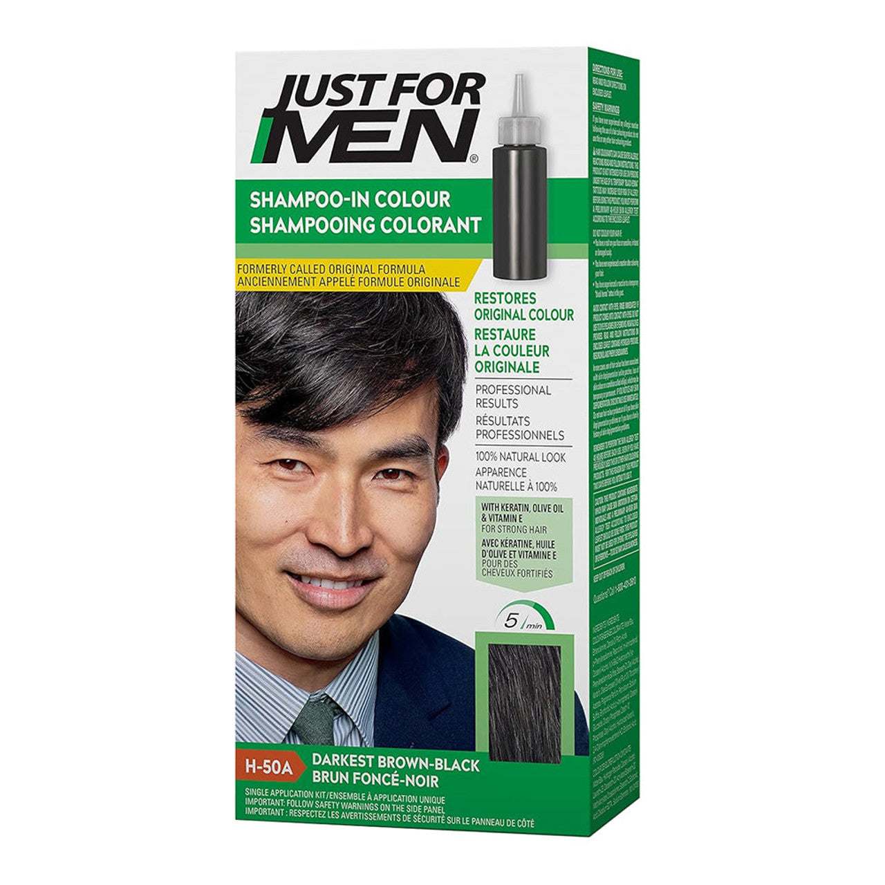 Just For Men Original Formula Darkest Brown/Black hair color tube showing product packaging and branding.