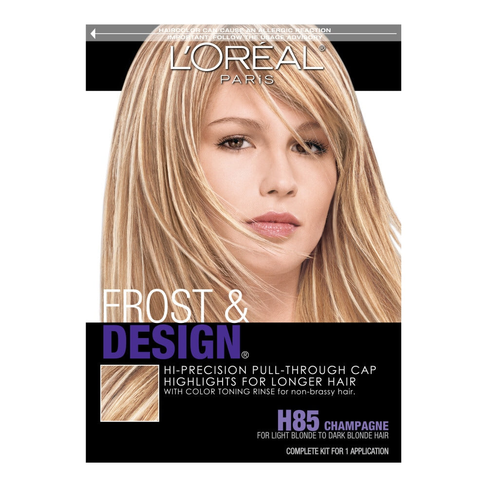L'Oreal Frost Design Highlights H85 Champagne hair color kit with hair foils and application tools for creating highlighted hairstyles.