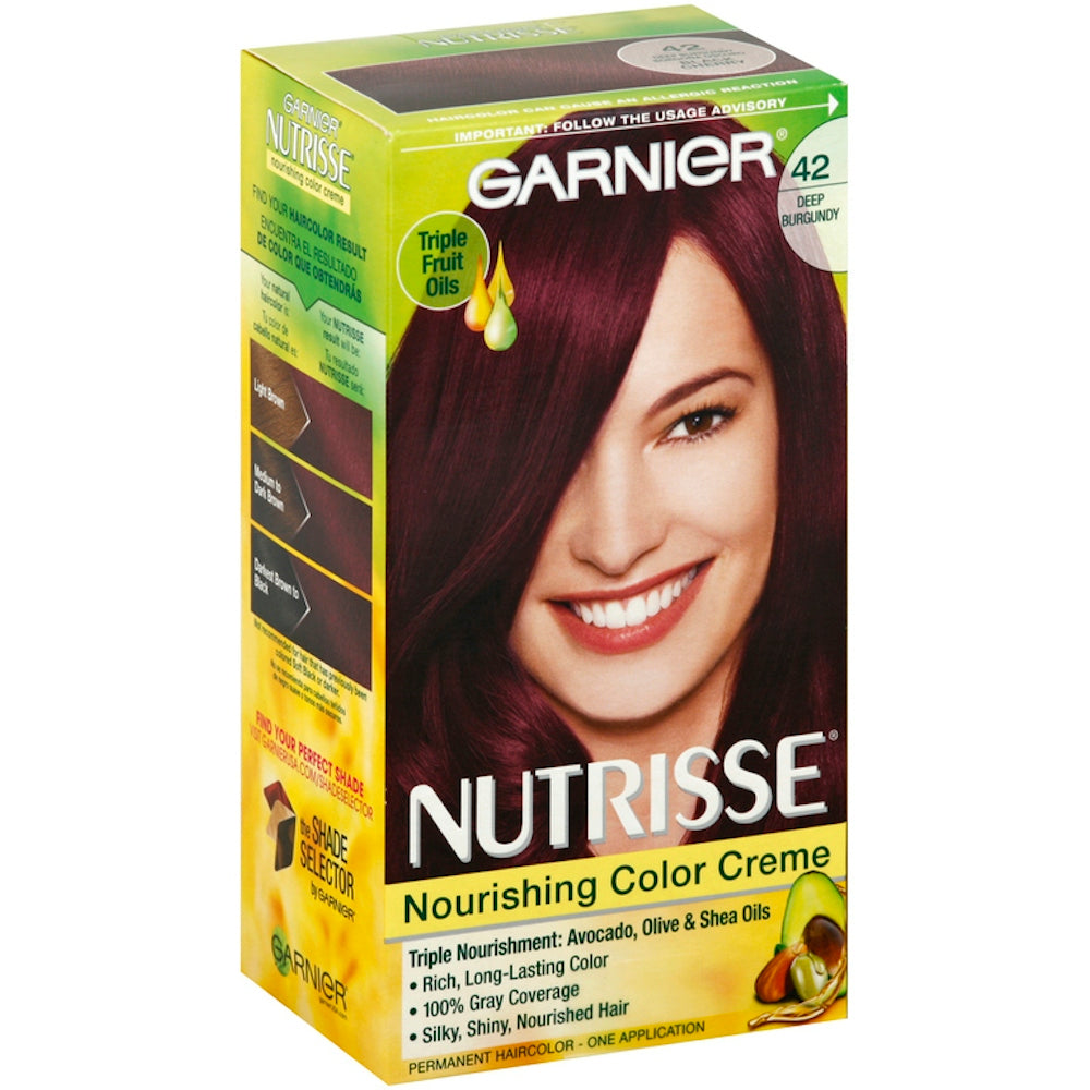 Garnier Nutrisse nourishing hair color creme in 42 Deep Burgundy, showing the hair dye tube and product packaging.