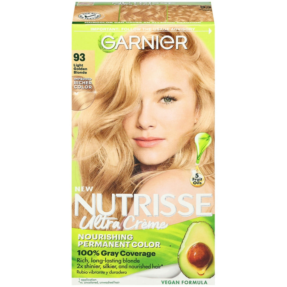 Nutrisse Garnier Nourishing Hair Color Creme in Light Golden Blonde 93, permanent hair dye, creamy texture, and vibrant blonde shade