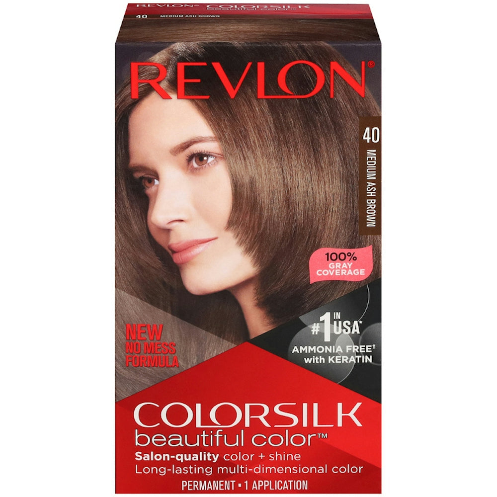 Revlon Colorsilk Beautiful Color permanent hair color in medium ash brown, showcasing the rich, natural-looking hair shade.