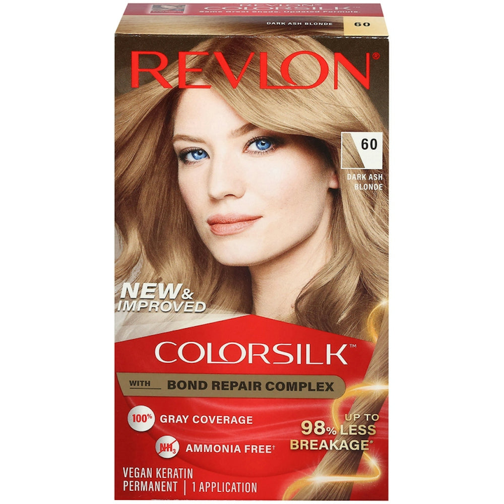 Revlon Permanent Hair Color in Dark Ash Blonde 60, showcasing the hair dye box with color details and branding.