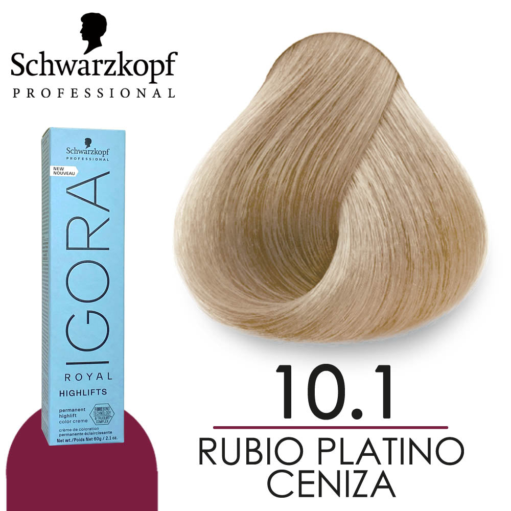 Schwarzkopf IGORA ROYAL HIGHLIFTS 10-1 Ultra Blonde Cendré hair color tube, 2.02oz, with product label and branding.