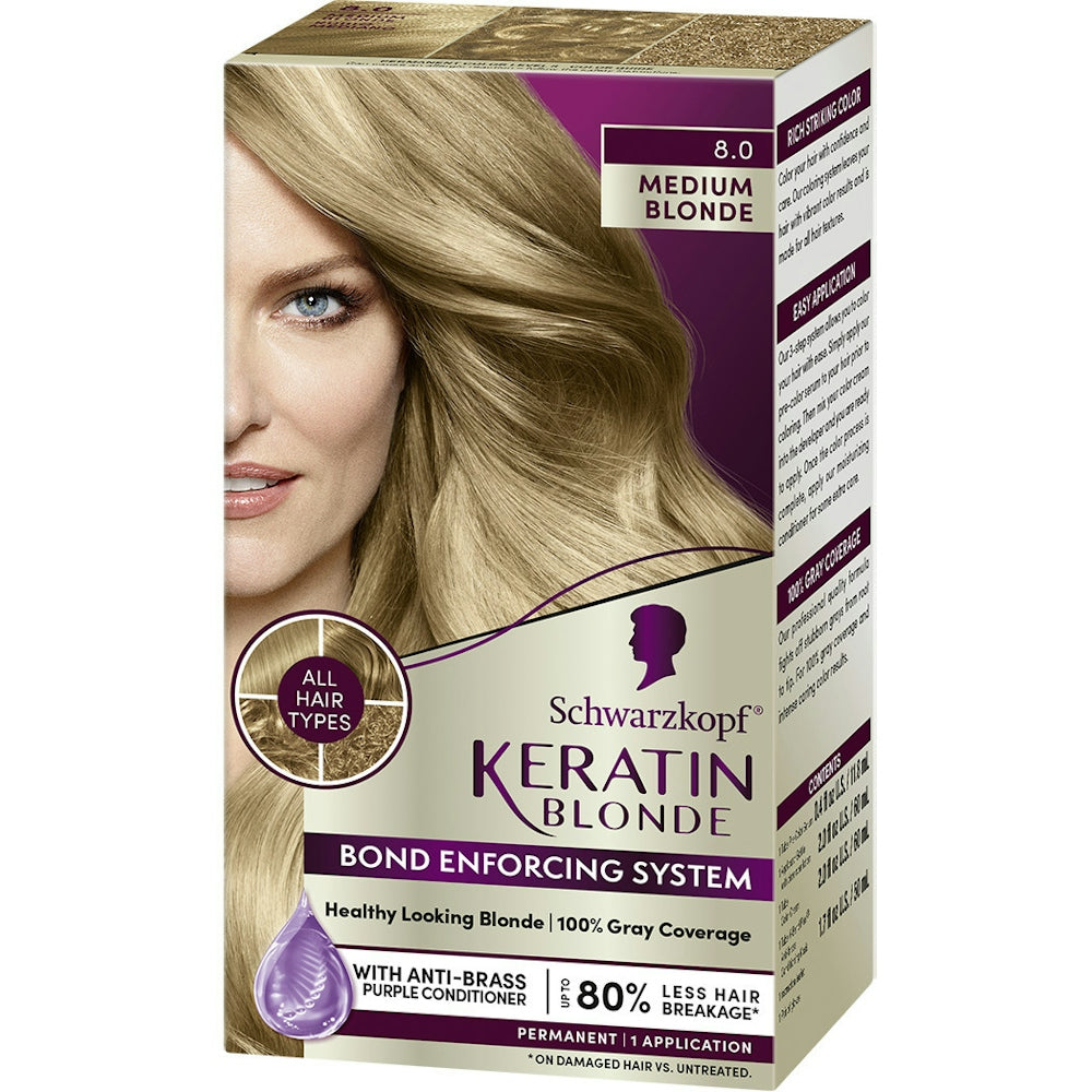Schwarzkopf Keratin Color permanent hair dye in Medium Blonde 8.0, featuring the hair color tube and packaging.