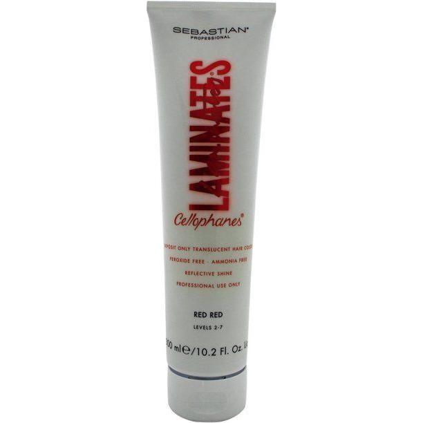 Sebastian Professional Cellophanes Hot Red hair color in a 10.2 oz bottle, showcasing vibrant red liquid inside a clear bottle