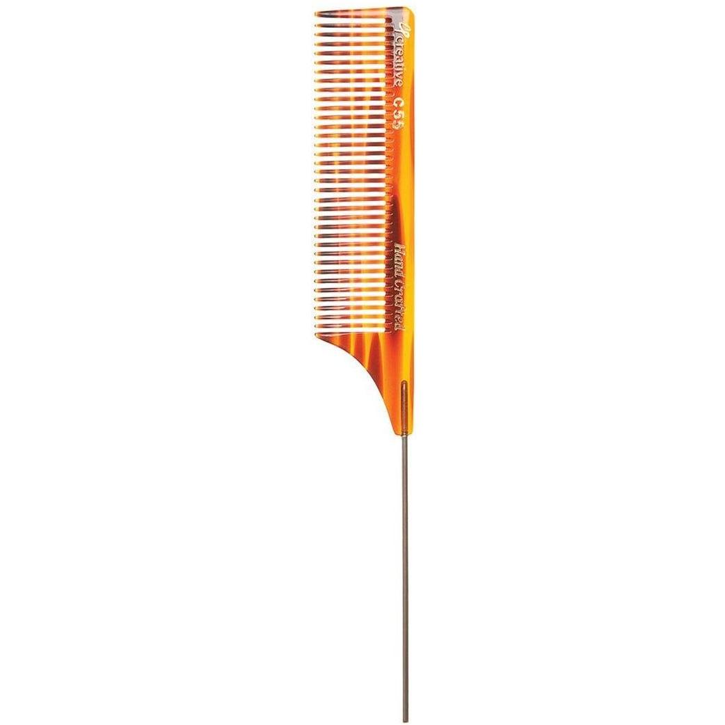 Tortoise shell C55P Pin Tail Tortoise Hair Comb by Pasteur Pharmacy, 8.5 inches long, with fine teeth and a tapered pin tail.