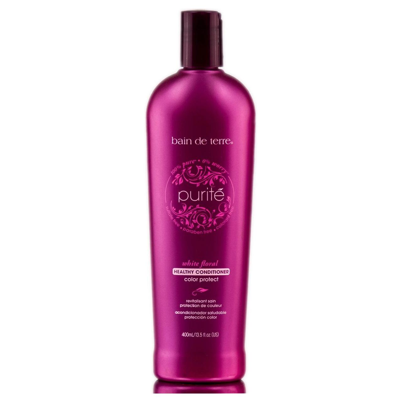 Bain De Terre Purite White Floral color protect hair conditioner in a 13.5 oz bottle, designed to nourish and preserve hair color.