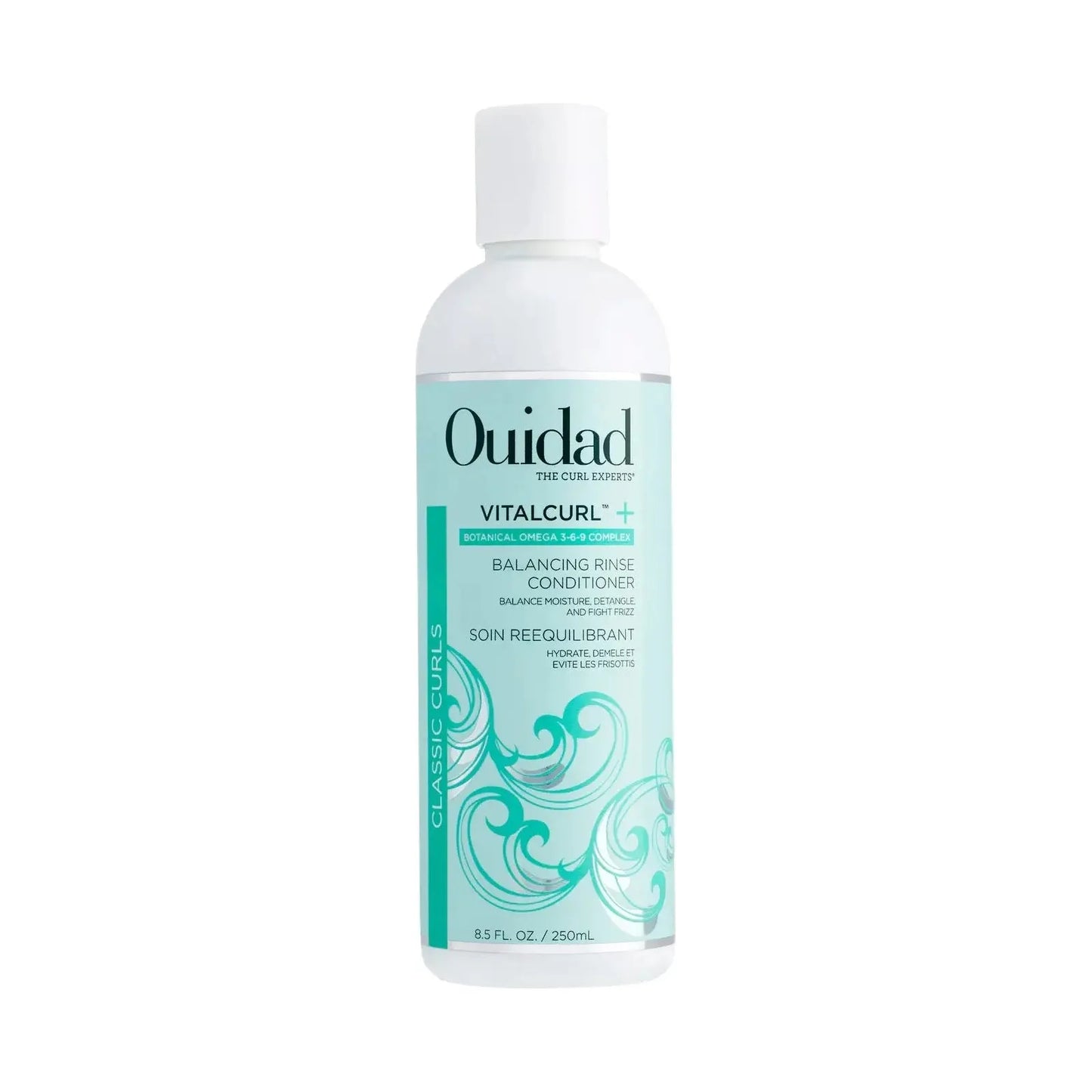 Ouidad Vitacurl+ Balancing Rinse Conditioner for curly hair, 8.5 oz, natural hydration and scalp balance.