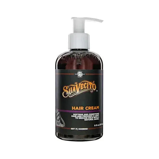Suavecito Hair Cream in an 8 oz jar, styled with a lid, showcasing the product's packaging and branding.