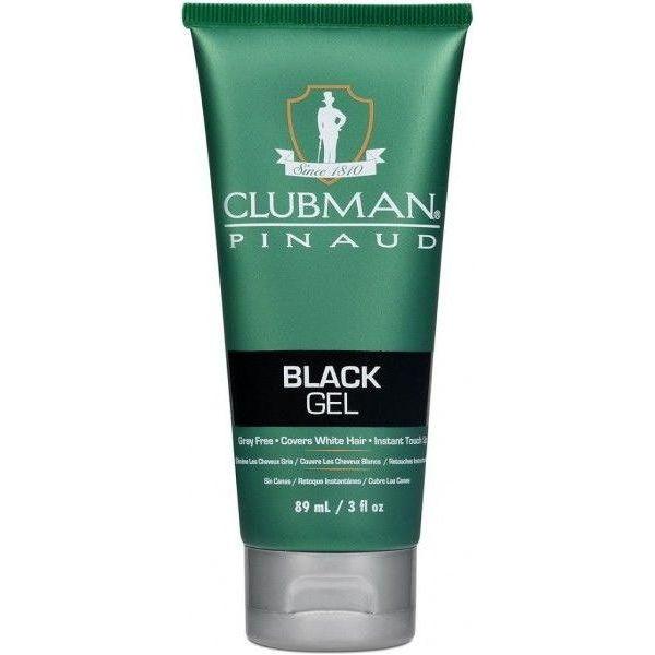 Clubman Pinaud Black Gel hair gel in a 3 oz container, with a dark black color and classic styling design.