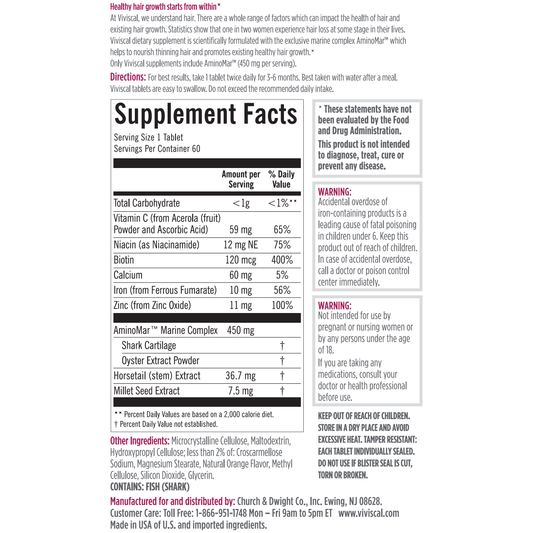 Viviscal Hair Growth Dietary Supplement by Pasteur Pharmacy, 60 tablets, hair health supplement for nourishing hair from within.