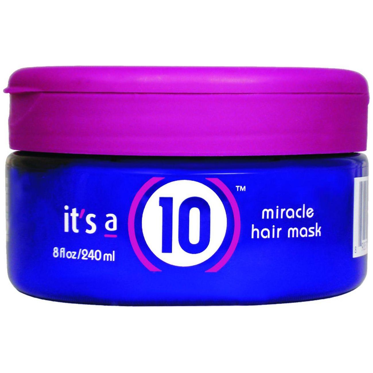 It's a 10 Miracle Hair Masque in an 8 oz jar by Pasteur Pharmacy, showing the creamy hair treatment product with a white lid.