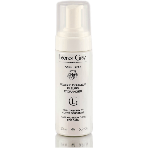 Leonor Greyl Mousse Douceur Fleurs D'Oranger hair mousse for babies, 5.2 oz, with gentle, floral scent and lightweight styling.