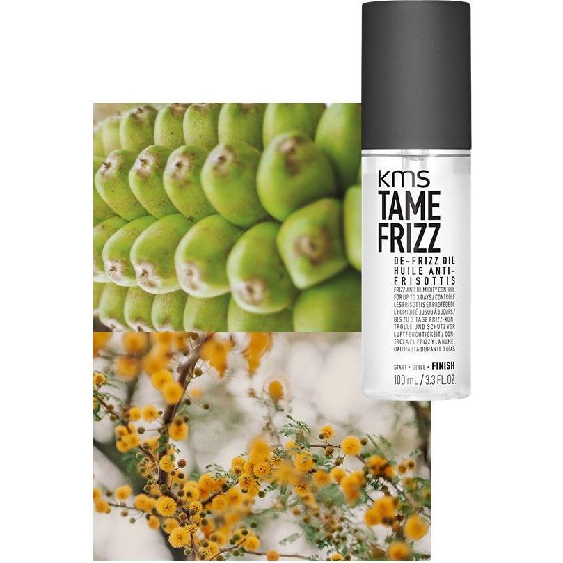 KMS California Tame Frizz De Frizz Hair Oil in 3.3 oz bottle, smooths frizz and adds shine to hair.