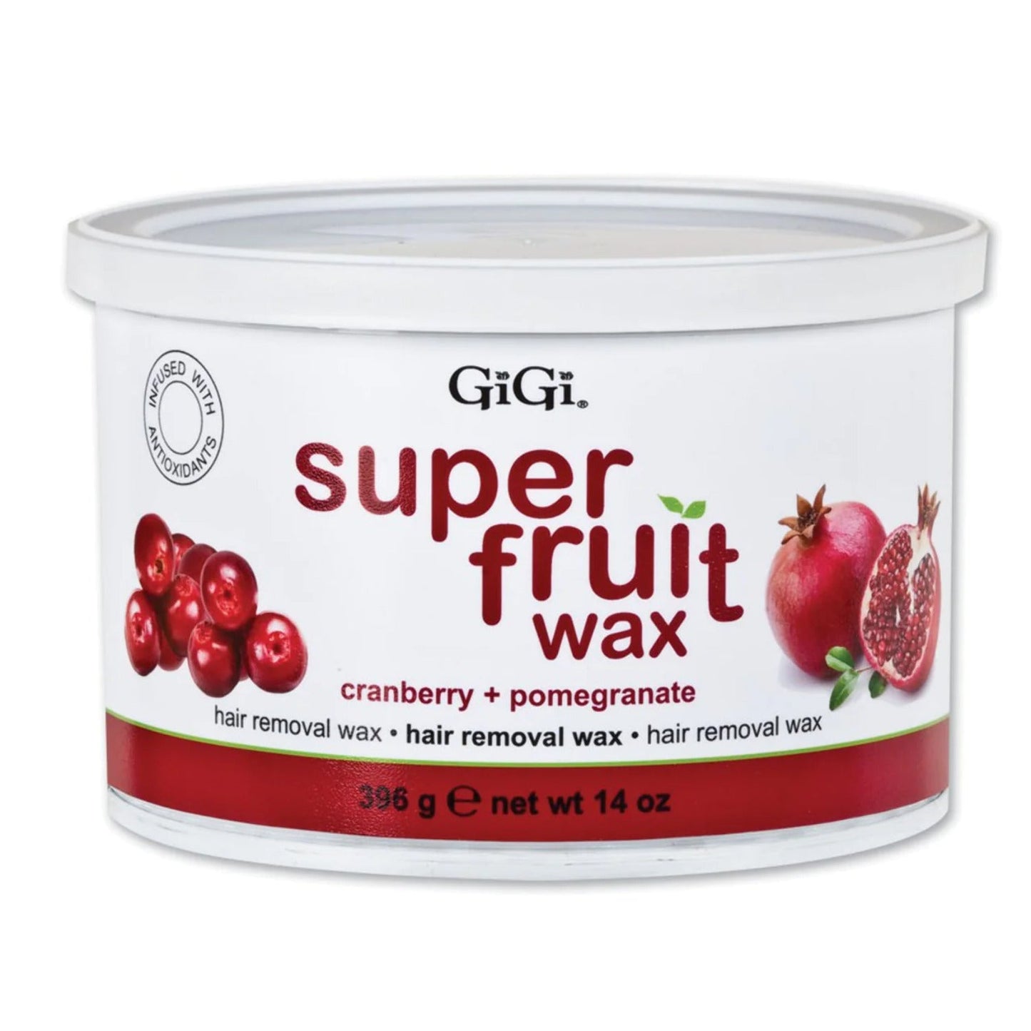 GiGi Super Fruit Wax Cranberry Pomegranate 14 oz for hair removal, featuring natural ingredients and easy application.