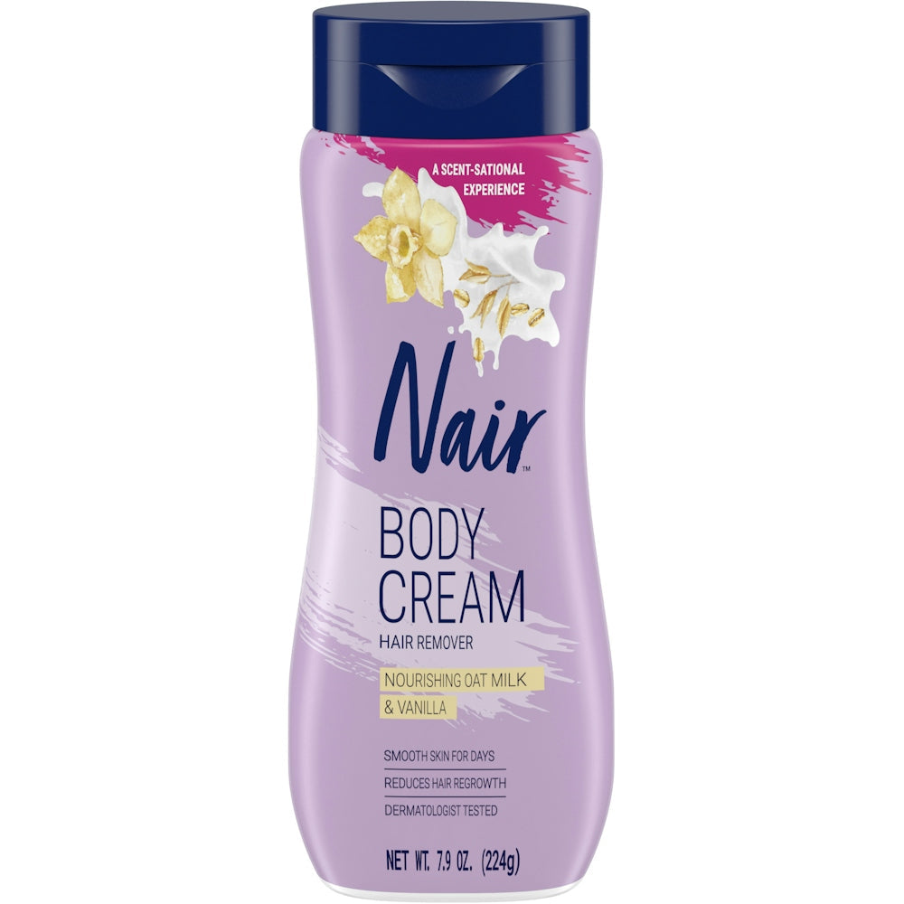 Nair Hair Removal Body Cream with Oat Milk and Vanilla, 7.9 oz, in a tube for smooth, nourished skin.