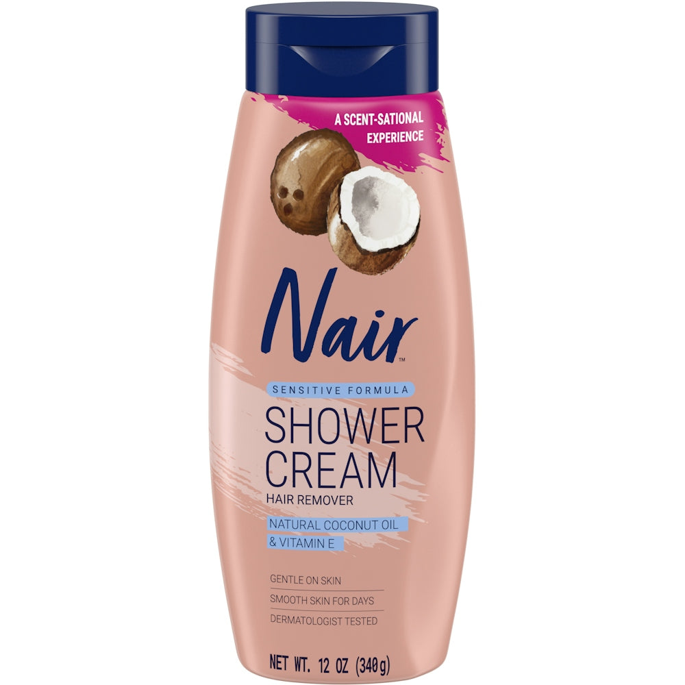 Nair Hair Remover shower cream with coconut oil and vitamin E, natural hair removal cream in a tube with a pump dispenser.