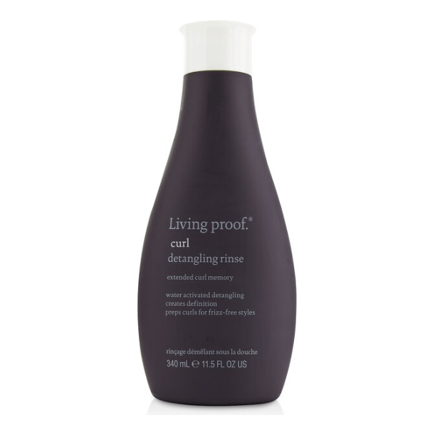 Living Proof Curl Detangling Rinse 11.5 oz hair rinse with gentle formula for curls, shown in a clear bottle with label.
