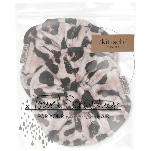 Leopard print Kitsch towel hair scrunchies from Pasteur Pharmacy, soft and stretchy for secure hair styling.