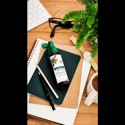 Klorane Hair Strengthening Serum with Quinine and Edelweiss in a 3.3 oz bottle, featuring a dropper applicator for hair treatment.