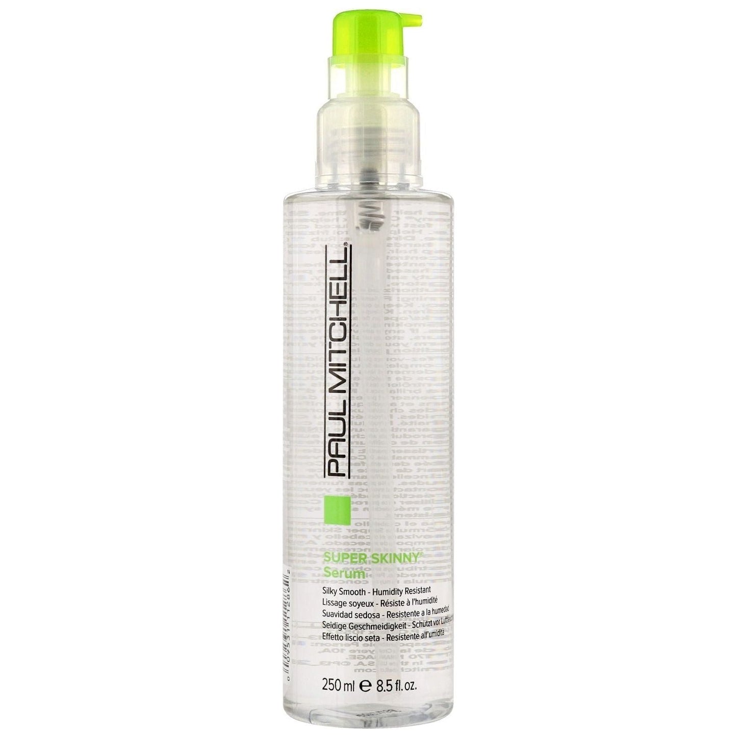 Paul Mitchell Super Skinny Hair Serum 250ml bottle, smooths and adds shine to hair, with a sleek, clear design.