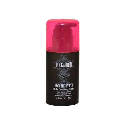 Tigi Rockaholic Rock My World Smoothing Cream 3.46oz for sleek, smooth hair styling, shown in a jar with product label.