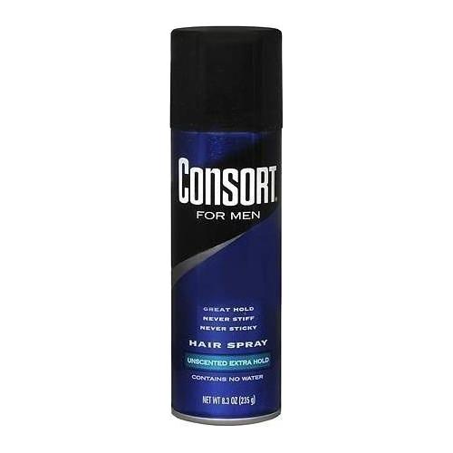 Consort Hair Spray Extra Hold by Pasteur Pharmacy, unscented 8.3 oz, in a spray bottle with a black cap and clear label.