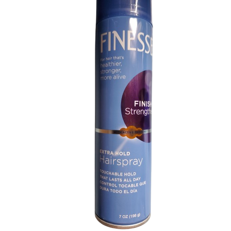 Finesse Hair Spray Extra Hold aerosol 7 oz by Pasteur Pharmacy, showcasing the hair spray can with product label.