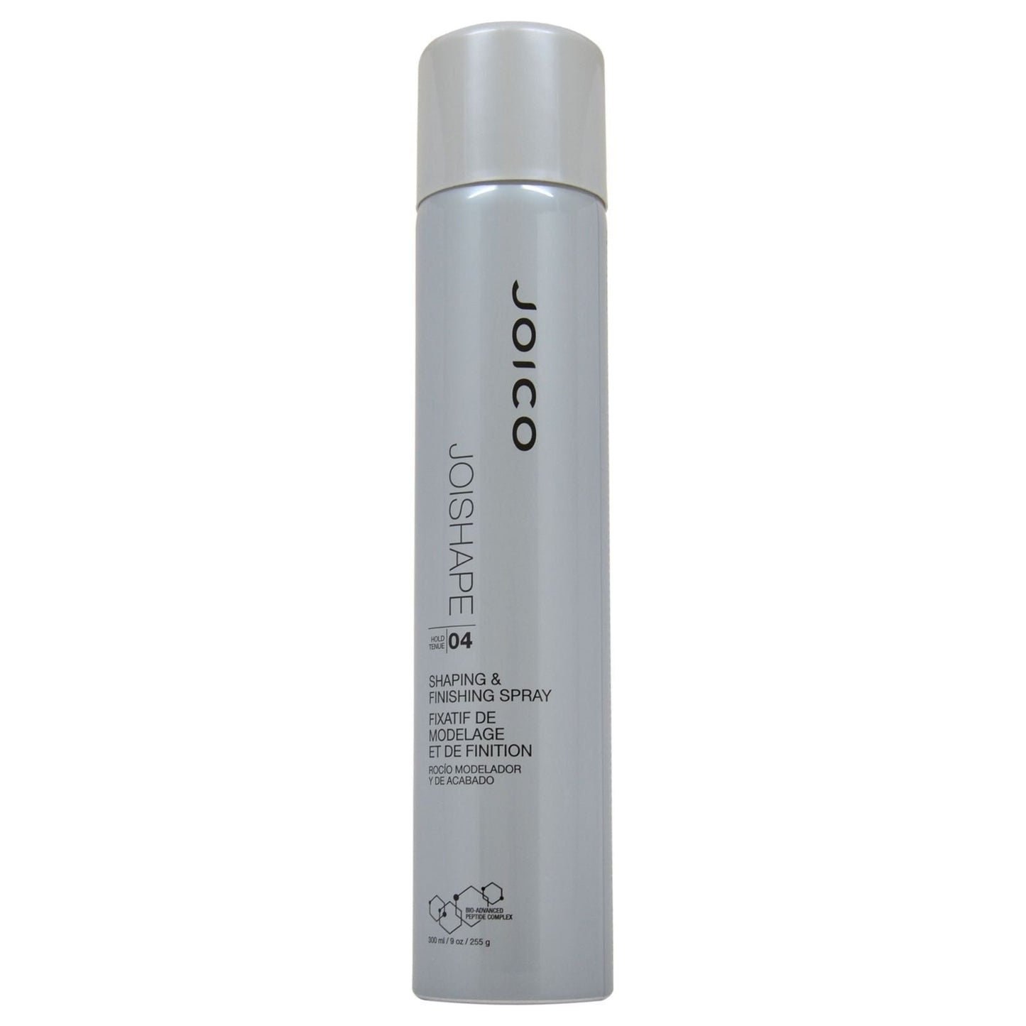 Joico JoiShape Shaping & Finishing Hair Spray 9 oz, aerosol spray for styling and hold, displayed in a natural hair setting.