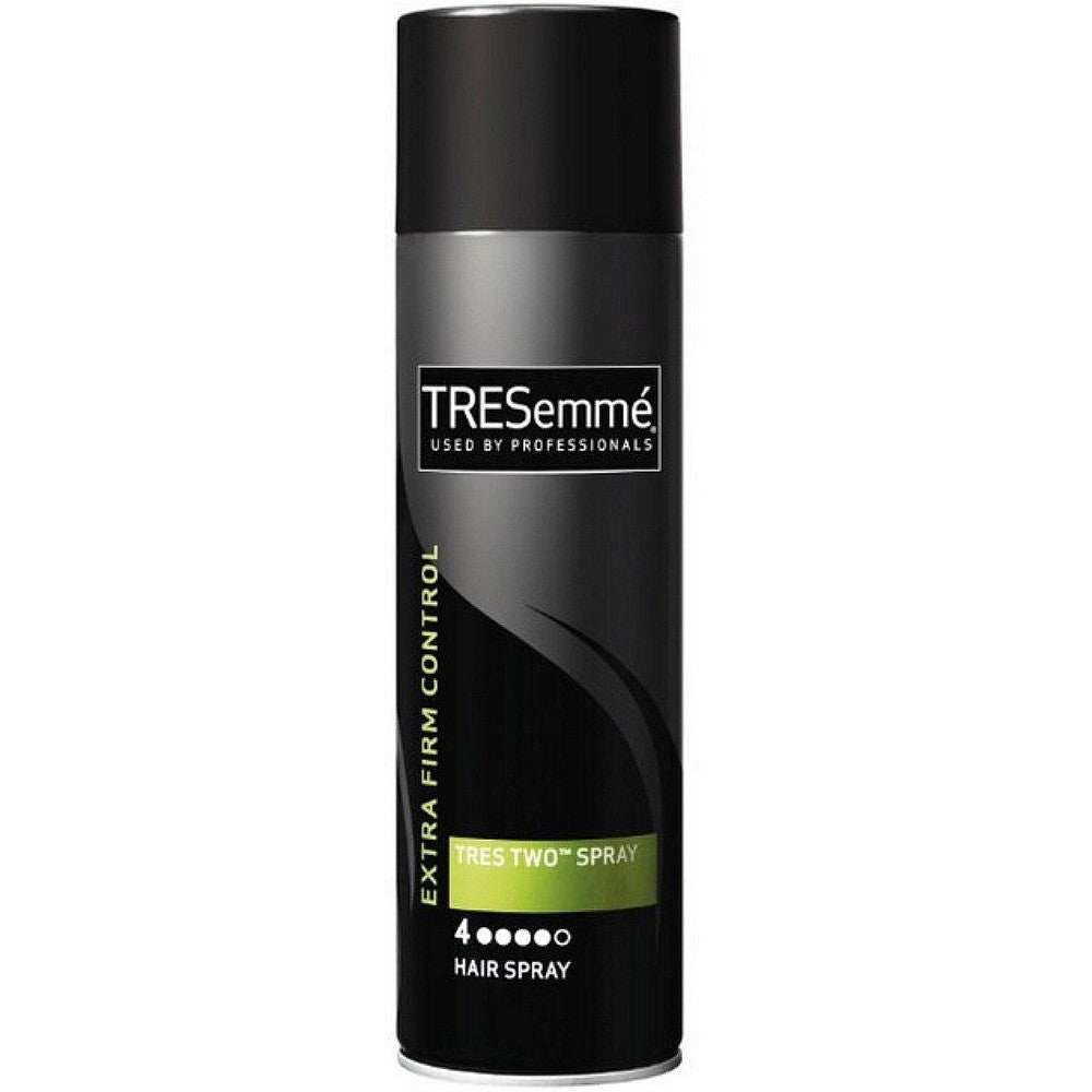 TRESemmé Tres Two Extra Hold Hair Spray 11 oz bottle with black cap and clear spray nozzle, designed for strong hold styling.
