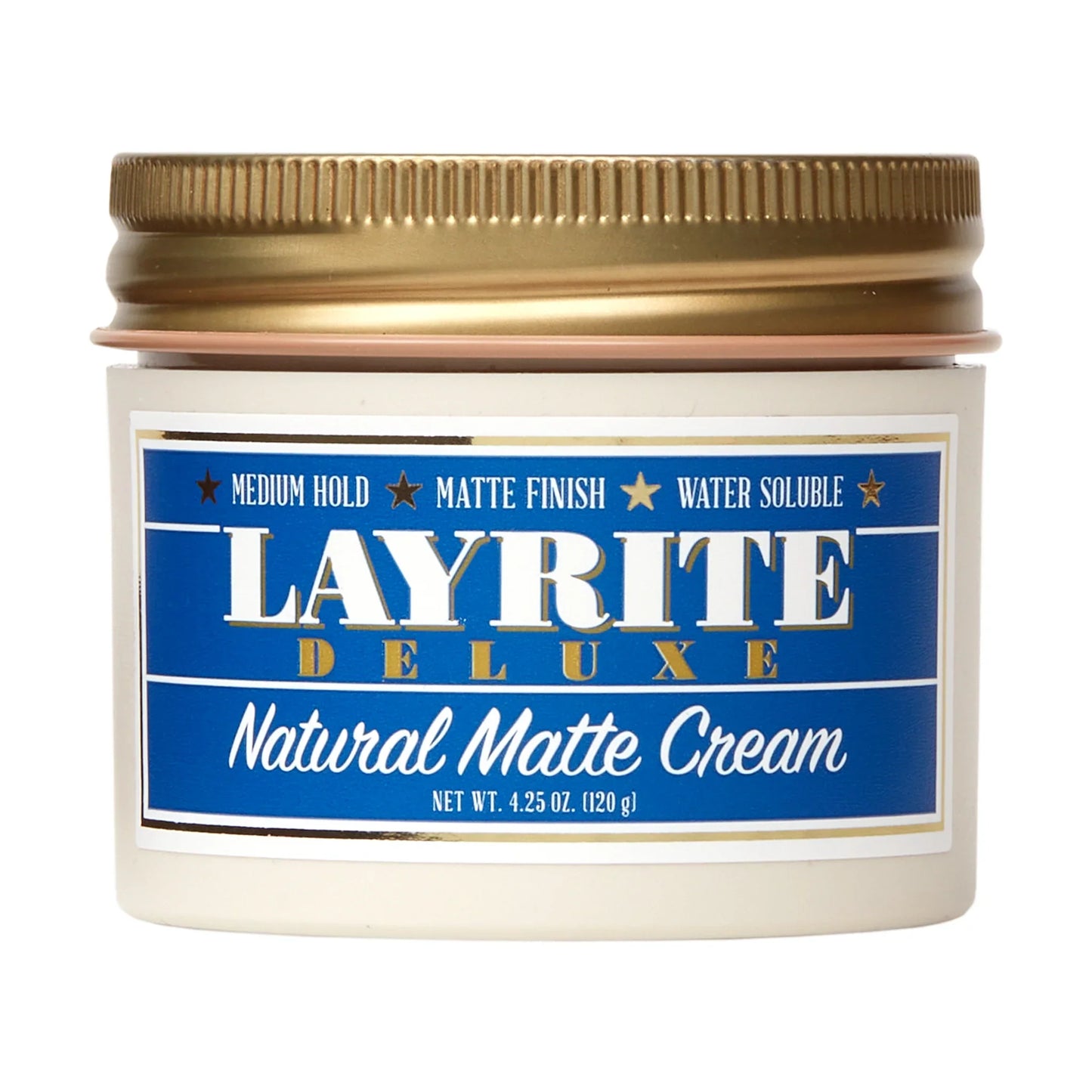 Layrite Deluxe Natural Matte Hair Styling Cream with medium hold and matte finish, 4.25oz container.