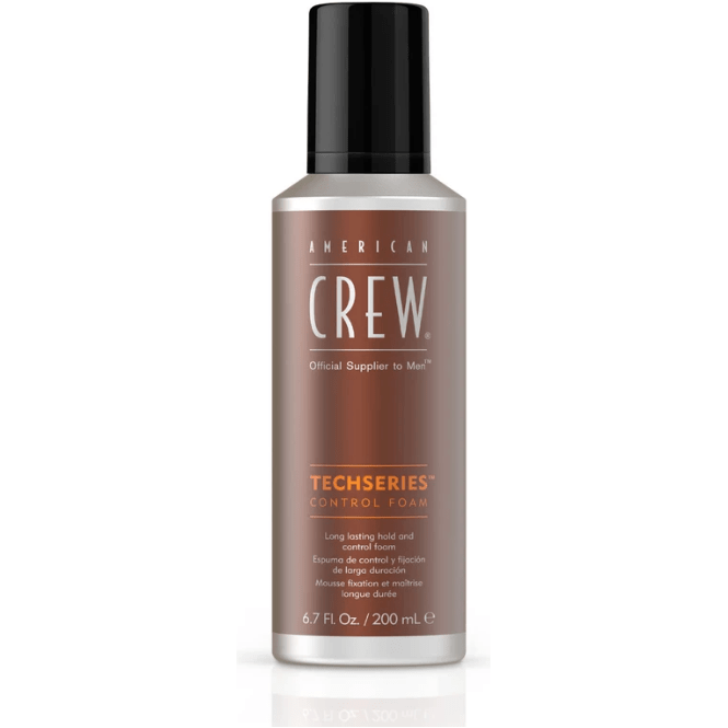 American Crew Techseries Control Foam hair styling foam in 200ml bottle, suitable for flexible hold and styling.