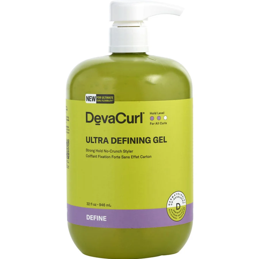 DevaCurl Light Defining Gel Soft Hold hair styling gel in a 32 oz bottle, providing no-crunch, flexible hold for curly hair.