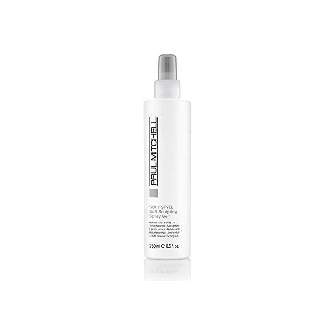 Paul Mitchell Soft Sculpting Spray Gel in a 250ml bottle, shown with a sleek, clear gel texture and hair styling application.