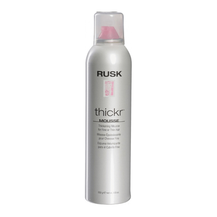 Rusk Thickr Thickening Mousse in an 8.8 oz can, hair styling mousse for added volume and thickness.