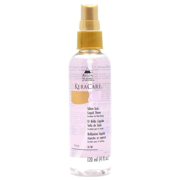 Avlon KeraCare Silken Seal Liquid Sheen for hair styling, showing the 4 fl oz bottle with shiny liquid sheen, close-up view.