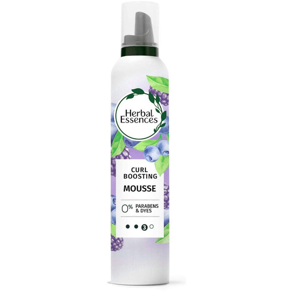 Herbal Essences Curl Boosting Mousse for curly and wavy hair, frizz control, long-lasting hold, berry scent, paraben and dye-free.