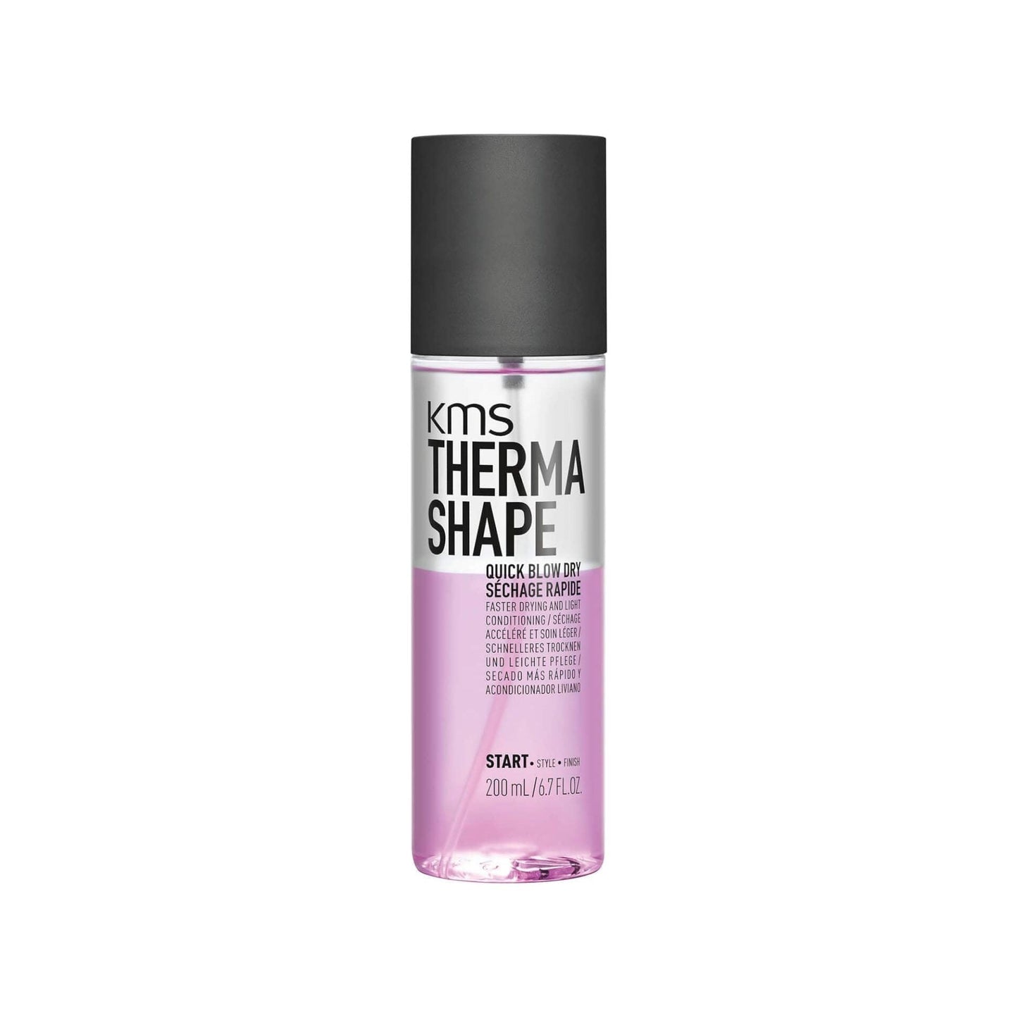 KMS ThermaShape Quick Blow Dry styling product in 6.7 oz bottle, used for fast hair drying and styling.