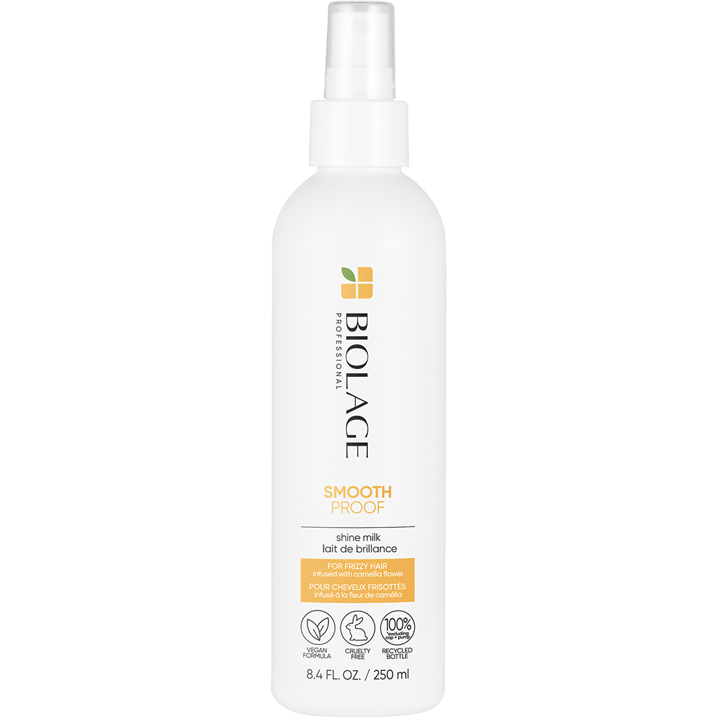 Matrix Biolage Styling Blue Agave Smoothing Shine Milk bottle, 8.5 oz, with sleek packaging and product label visible.