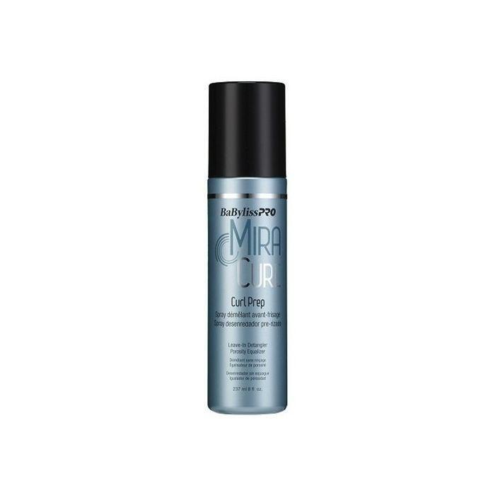 BaByliss PRO MiraCurl Curl Prep 8 oz hair styling product for curls and styling prep, displayed in a clear bottle.