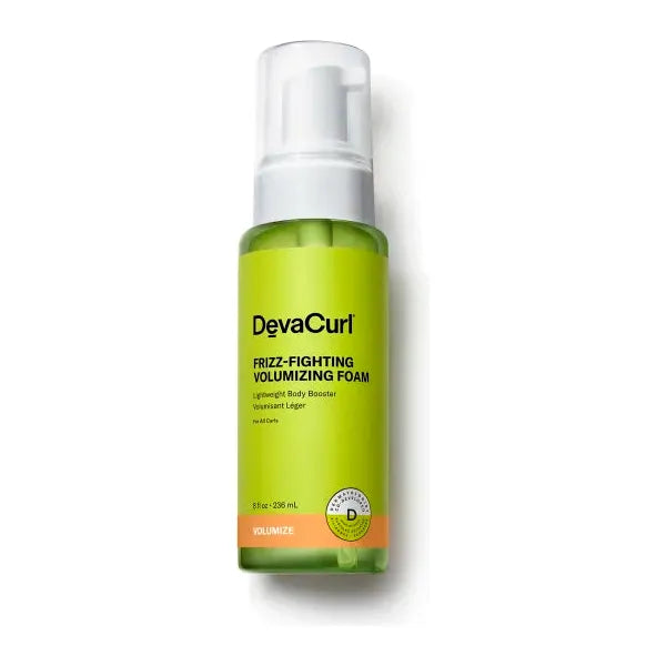 DevaCurl Frizz-Free Volumizing Foam in 7.5 oz bottle, hair styling product for volume and frizz control.