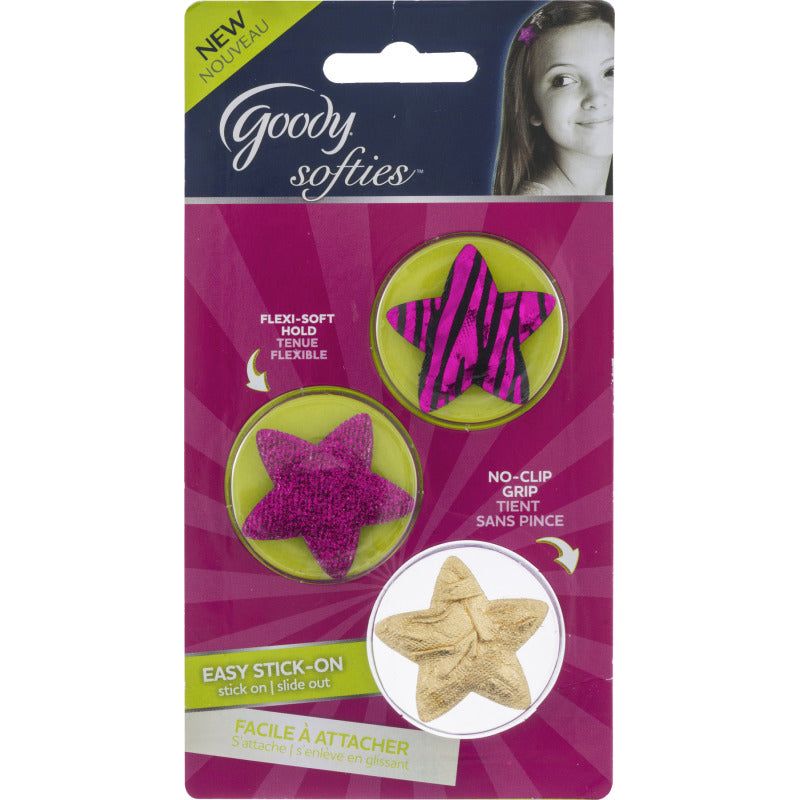 Goody Softies Velcro Barrette Star 2-pack, hair styling accessory, pastel colors, secure hold, ideal for styling and updos.
