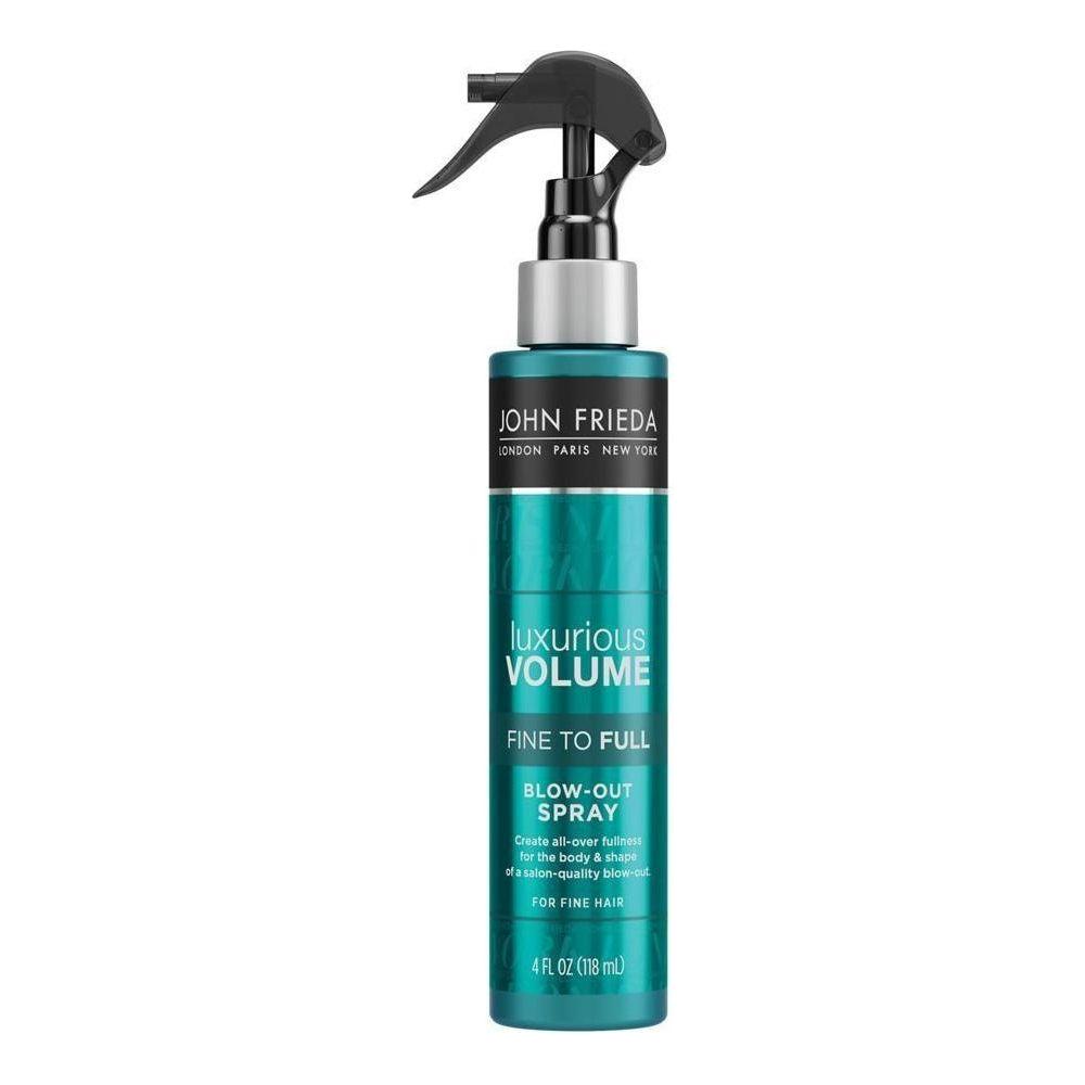 John Frieda Luxurious Volume Blow Out Styling Spray in 4 oz bottle, hair styling spray for voluminous, shiny hair.