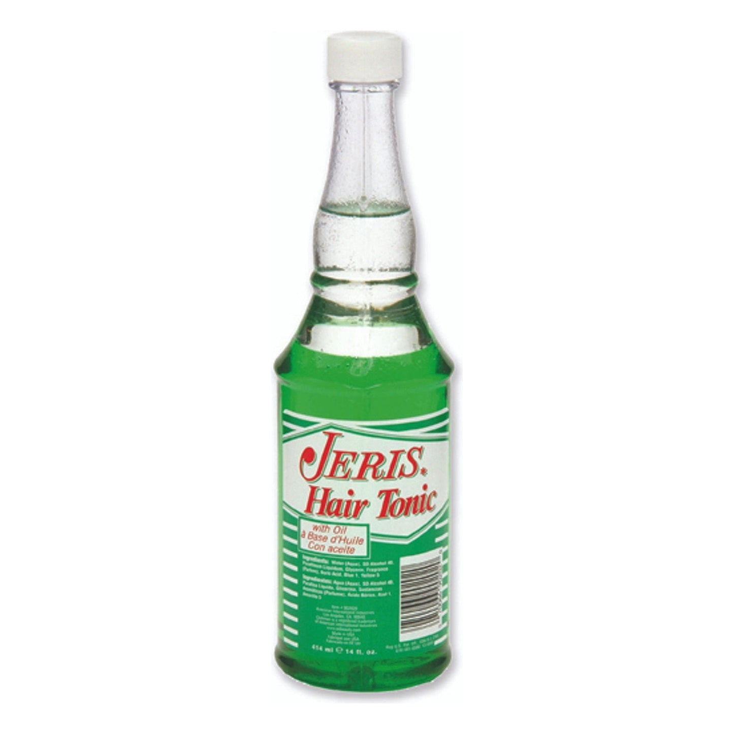 Jeris Hair Tonic with Oil, 14 oz, by Pasteur Pharmacy, in a clear bottle showing the tonic inside with a label.
