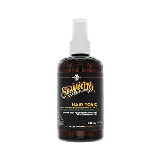 Suavecito Hair Tonic in 237ml bottle, natural hair care product with a sleek label, designed for styling and scalp health.