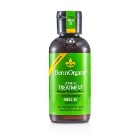 DermOrganic Leave-In Hair Treatment with Organic Argan Oil, 4 oz, applied to smooth, shiny hair strands.