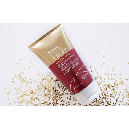 Joico K-Pak Color Therapy Luster Lock hair treatment in 5.1 oz bottle, showing shiny, smooth hair after repair and conditioning.